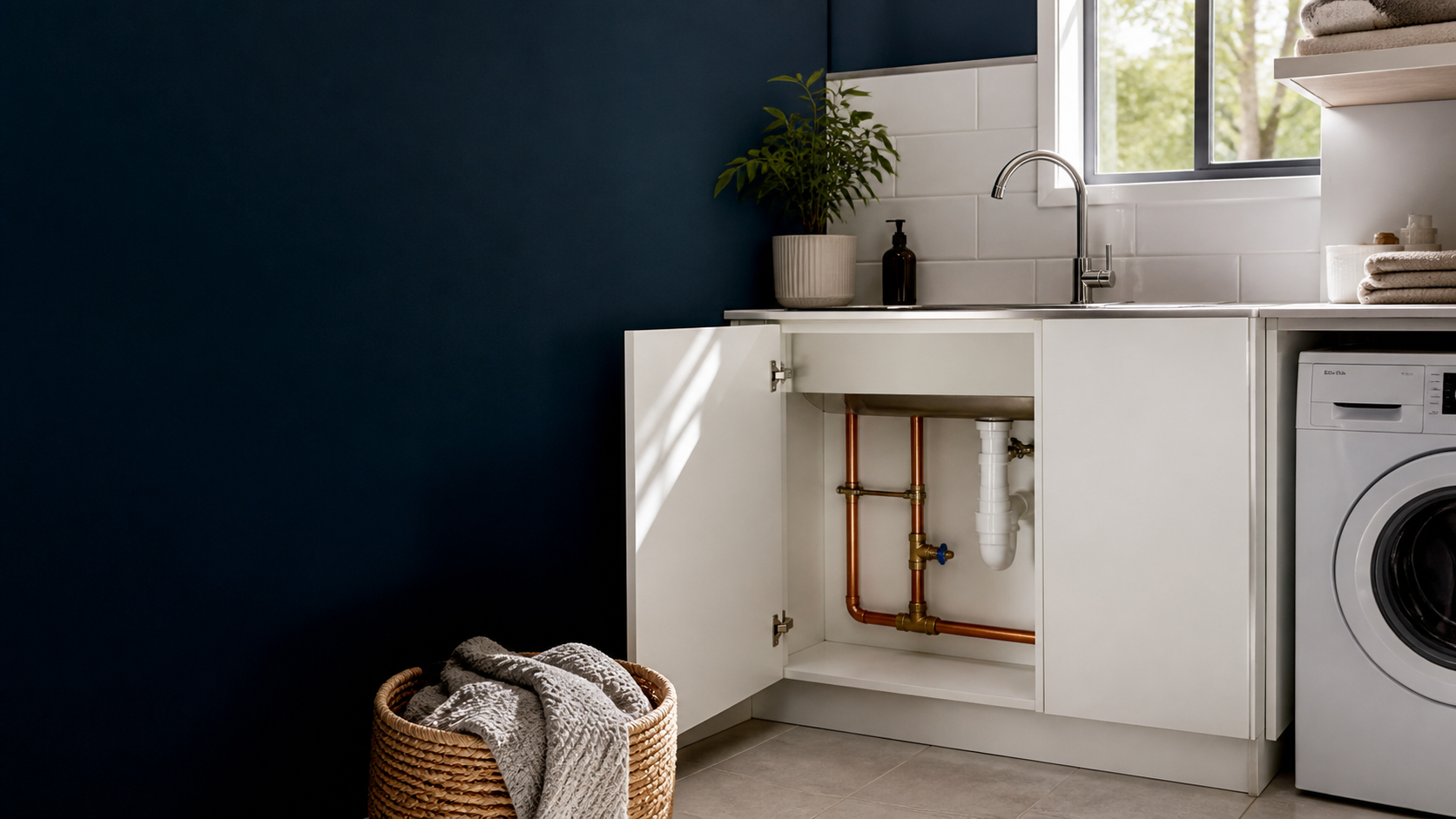 Illustrative dry laundry and visible plumbing cabinet